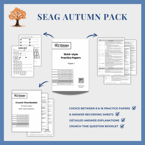 autumn-pack Image of the SEAG Autumn Pack (Sept & Oct) featuring SEAG-style practice papers, answer sheets, answer explanations, and a Crunch Time booklet, with a list of included features displayed on the right.