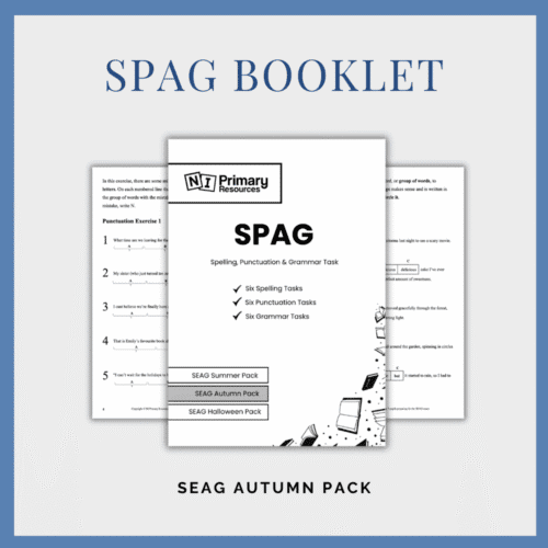 spag-booklet Front cover of the SPAG Booklet titled "SEAG Autumn Pack," featuring spelling, punctuation, and grammar tasks, displayed against blurred exercise pages.