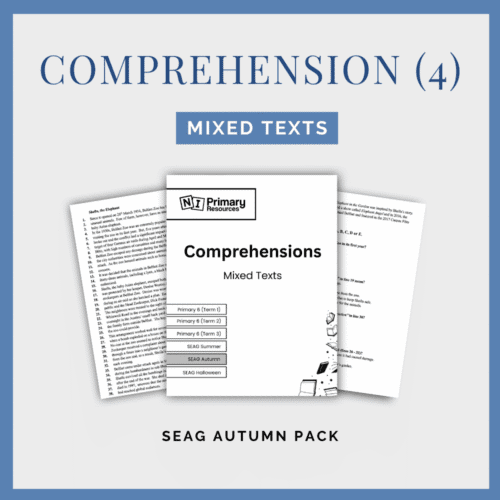 comprehension-mixed-text Cover page and two sheets with text from SEAG-style Comprehensions (Mixed Texts), a resource pack for primary education.