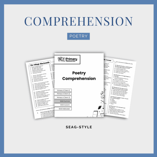 comprehension-poetry Three worksheets titled SEAG-style Comprehensions (Poems) appear, featuring question lists and poetry exercises on a light background with a blue border.