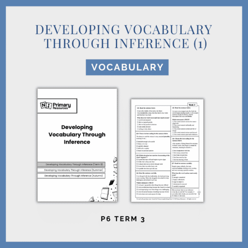 developing-vocabulary-through-inference-1 A cover and inside page of Developing Vocabulary Through Inference (1) Term 3, featuring a blue Vocabulary banner.