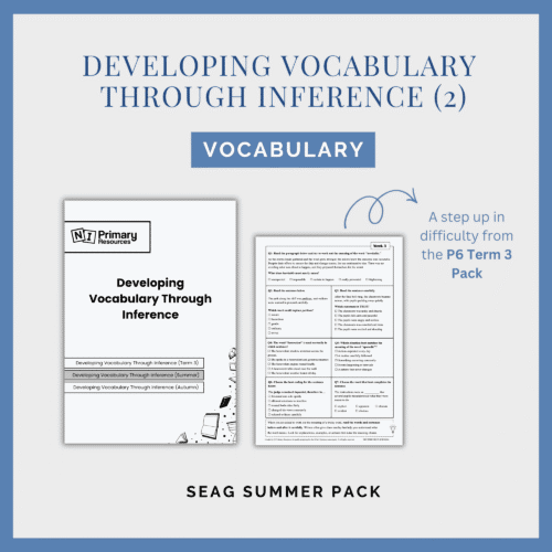 developing-vocabulary-through-inference-2 Image showing the Developing Vocabulary Through Inference (2) Summer Pack with two sample pages and a note that it is more challenging than the P6 Term 3 Pack.