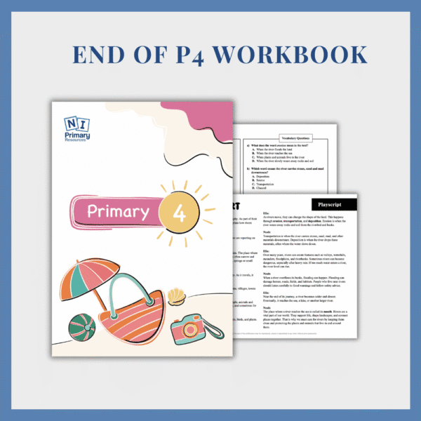end-of-p4 End of P4 Pack cover featuring beach-themed illustrations, with two sample workbook pages partially visible behind.