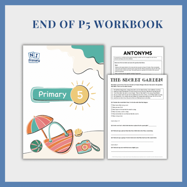 end-of-p5 End of P5 Pack cover features beach-themed art, shown with two inner pages—one titled Antonyms and the other The Secret Garden—both containing worksheet activities.