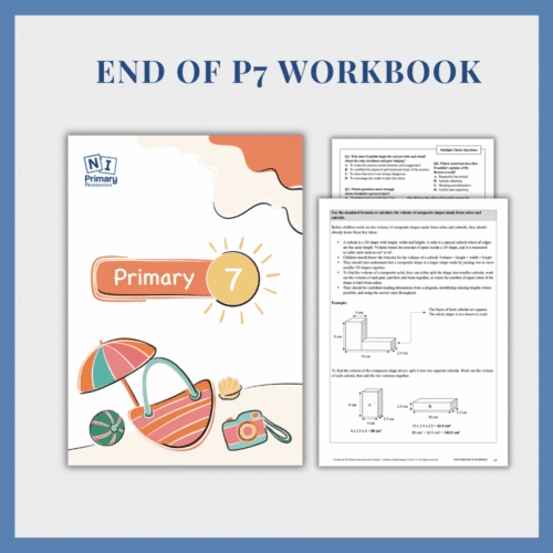 end-of-p7 An illustrated End of P7 Pack cover with beach items appears beside two black-and-white pages featuring maths exercises and questions. Text reads: End of P7 Pack.