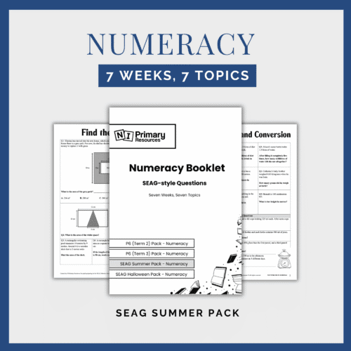 numeracy-seag-summer-pack Image of the SEAG Numeracy Booklet (2) Summer Pack displayed on worksheets, highlighting a 7-week resource covering 7 numeracy topics with SEAG-style questions.