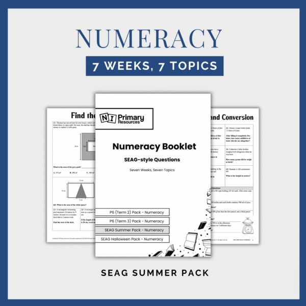numeracy-seag-summer-pack Image of the SEAG Numeracy Booklet (2) Summer Pack displayed on worksheets, highlighting a 7-week resource covering 7 numeracy topics with SEAG-style questions.