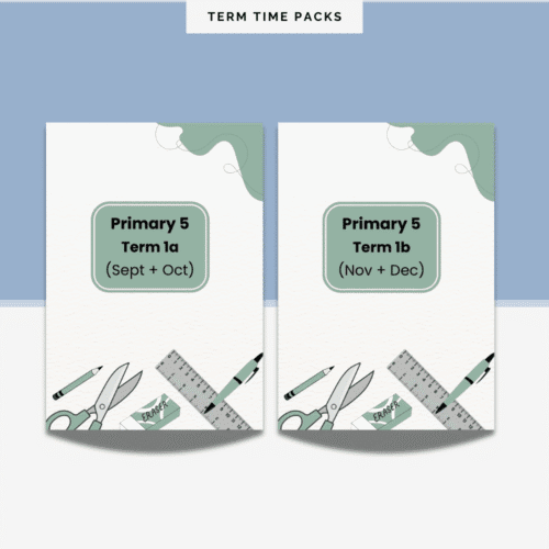 primary-5-term-1 The Primary 5 (Term 1) Pack includes two illustrated cards for Term 1a (Sept–Oct) and Term 1b (Nov–Dec), each featuring images of school equipment at the bottom.