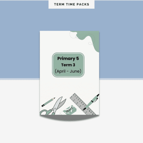 primary-5-term-3 Primary 5 (Term 3) Pack cover features illustrations of school supplies like scissors, ruler, pencil, and pen on a light background.