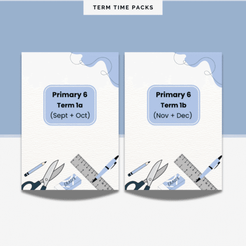 primary-6-term-1 An educational pack called "Primary 6 (Autumn Term) Pack" contains materials for September to December, with illustrations of stationery items shown below the pack.