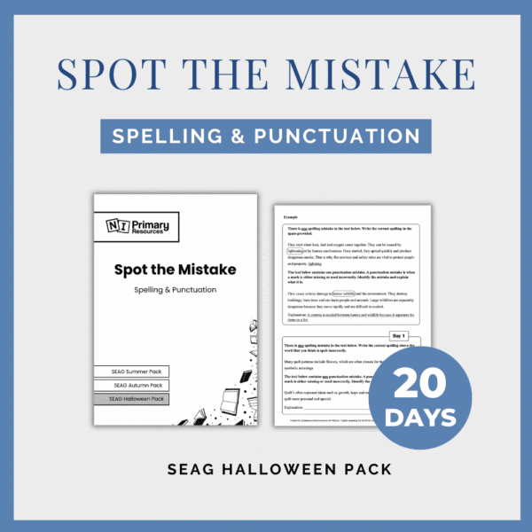 spot-the-mistake Two pages from Spot the Mistake (Spelling & Punctuation) feature a SEAG Hallowe’en Pack label and a circular badge reading “20 Days.
