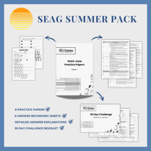 summer-pack Graphic displaying the SEAG Summer Pack (End of P6) with images of 8 practice papers, 8 recording sheets, explanation pages, and a challenge booklet. Features: 8 papers, 8 recording sheets, explanations, challenge booklet.