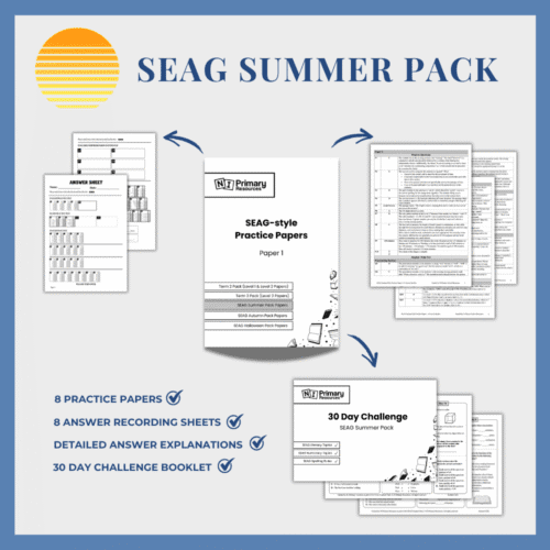 summer-pack Graphic displaying the SEAG Summer Pack (End of P6) with images of 8 practice papers, 8 recording sheets, explanation pages, and a challenge booklet. Features: 8 papers, 8 recording sheets, explanations, challenge booklet.