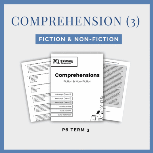 Cover of a Comprehensions - Fiction & Non-Fiction booklet with two open pages displaying printed text, labelled for P6 Term 3.